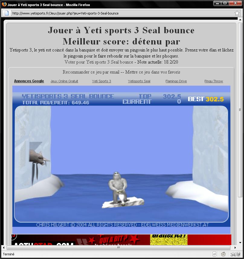 Score de webmaster à Yeti sports 3 Seal bounce